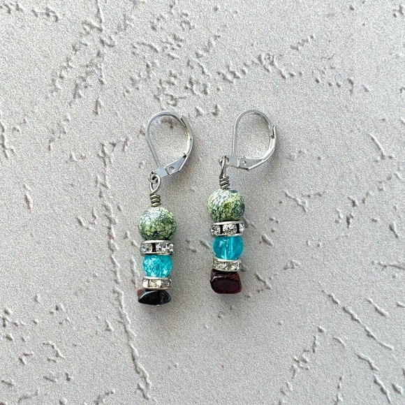 Green Unakite African Jasper Crystal Rondelles - Swamp Queen Earrings - Picture 2 of 5